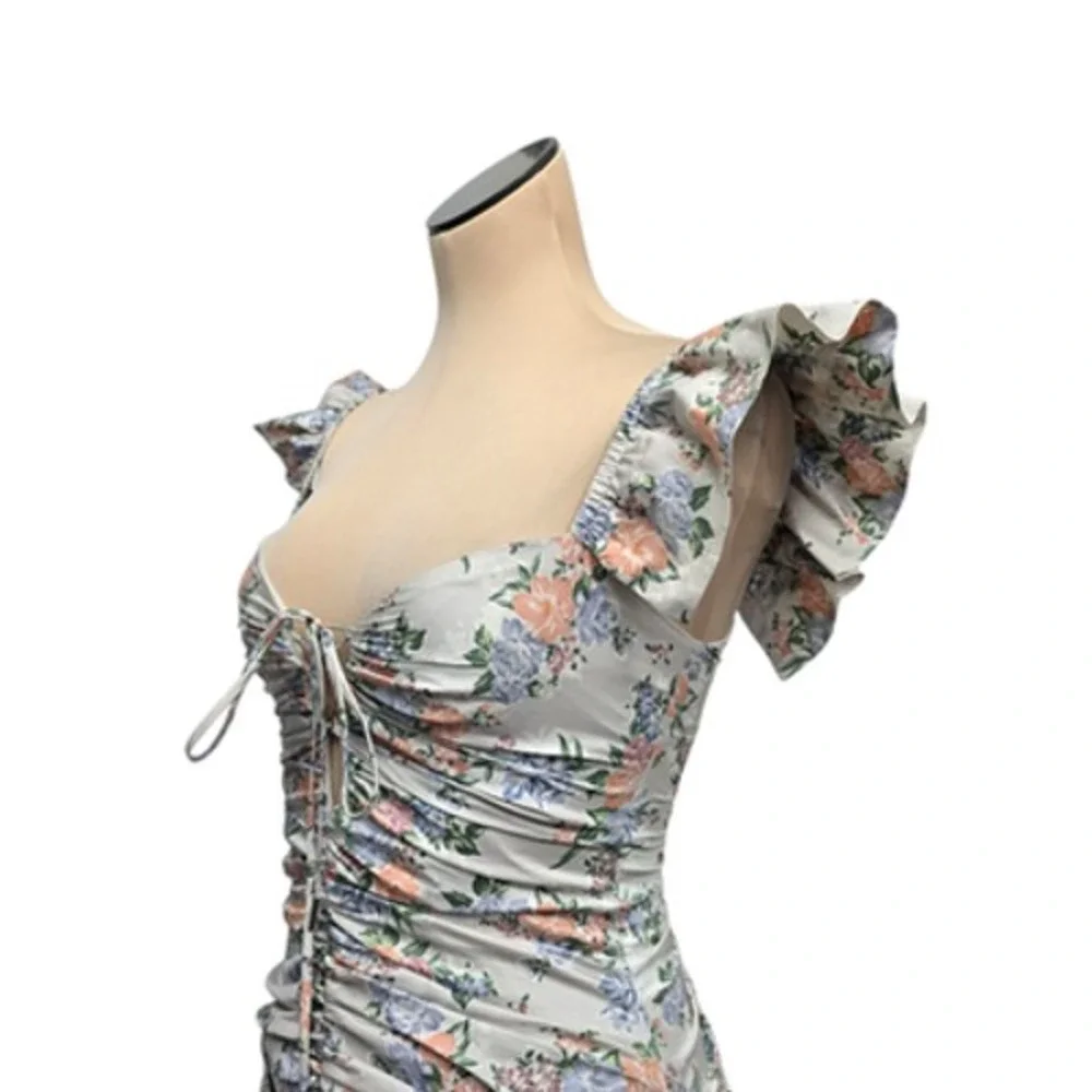 House of CB Mini Dress Womens Small Floral Kara Ruched Ruffle Sleeve Lace Up - Picture 8 of 12